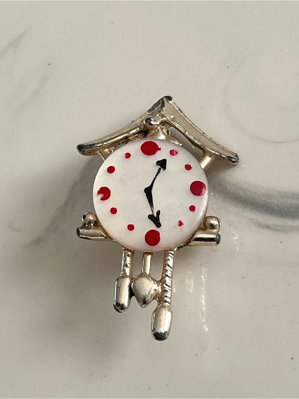 Vintage Style Cuckoo Clock Brooch Pin Silver Tone Red White Novelty